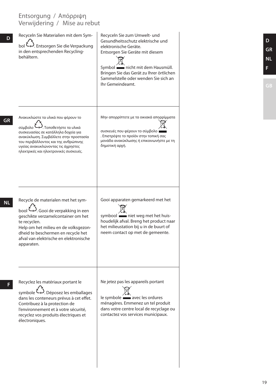 Απόρριψη, Entsorgung, Verwijdering | Mise au rebut | AEG KM4400 User Manual | Page 19 / 28