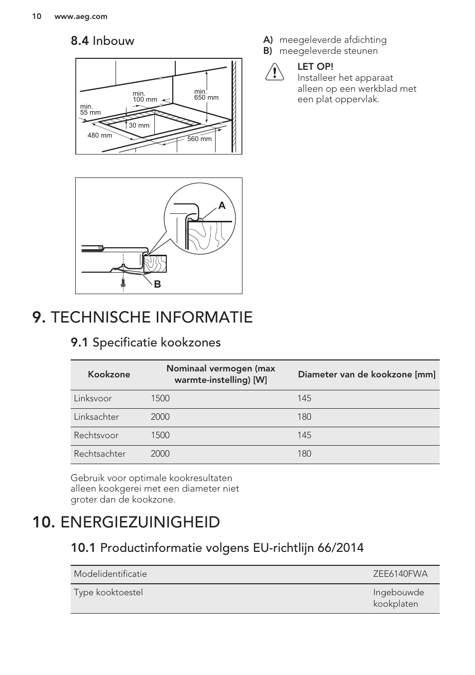 4 inbouw, Technische informatie, 1 specificatie kookzones | Energiezuinigheid, 1 productinformatie volgens eu-richtlijn 66/2014, Technische informatie 10. energiezuinigheid | AEG HK312000H User Manual | Page 10 / 44