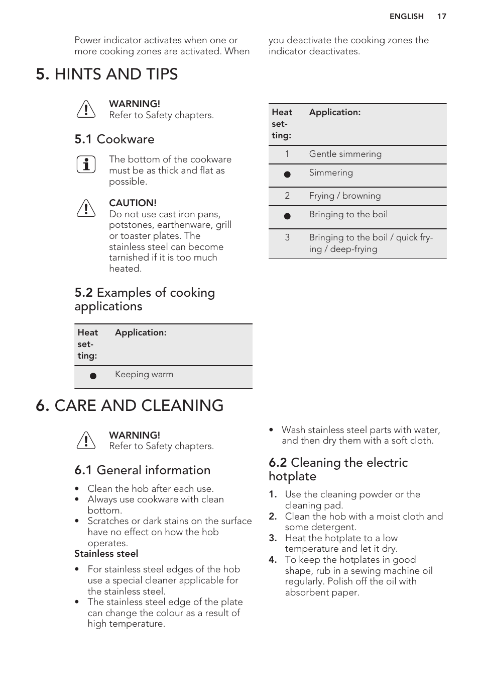 Hints and tips, 1 cookware, 2 examples of cooking applications | Care and cleaning, 1 general information, 2 cleaning the electric hotplate, Hints and tips 6. care and cleaning | AEG HK312000H User Manual | Page 17 / 44