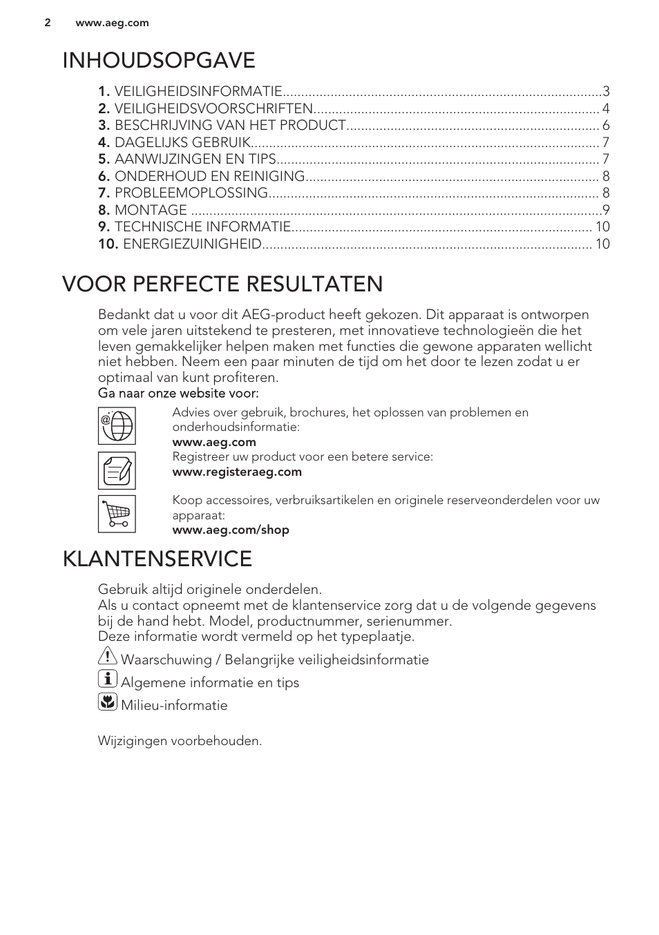 Inhoudsopgave, Gebruiksaanwijzing, Voor perfecte resultaten | Klantenservice | AEG HK312000H User Manual | Page 2 / 44