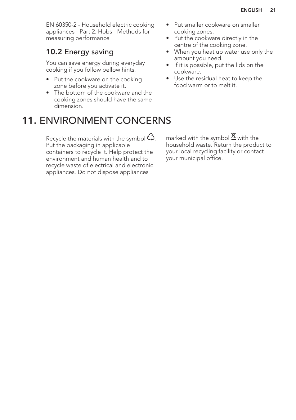 2 energy saving, Environment concerns | AEG HK312000H User Manual | Page 21 / 44