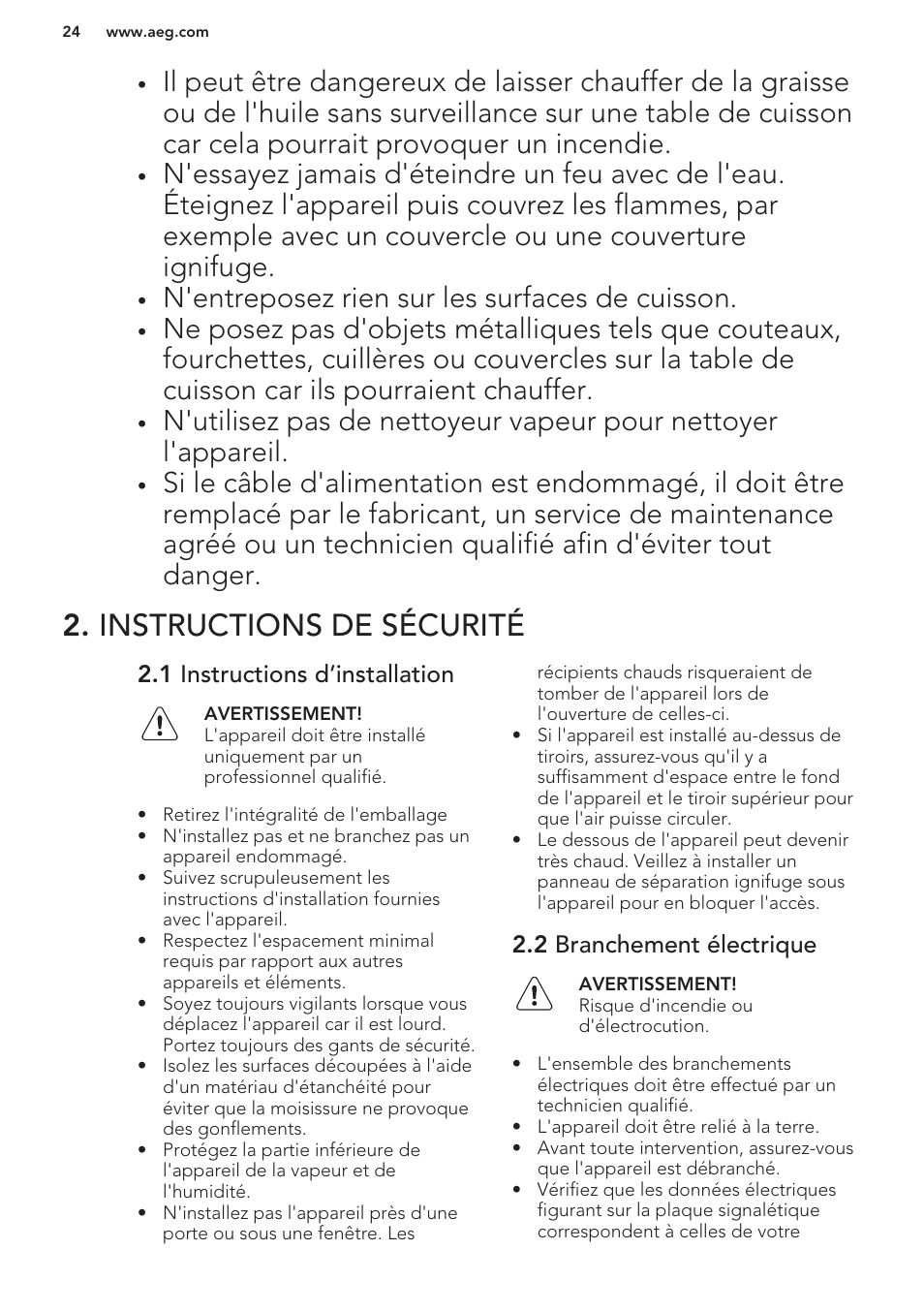 Instructions de sécurité, 1 instructions d’installation, 2 branchement électrique | N'entreposez rien sur les surfaces de cuisson | AEG HK312000H User Manual | Page 24 / 44