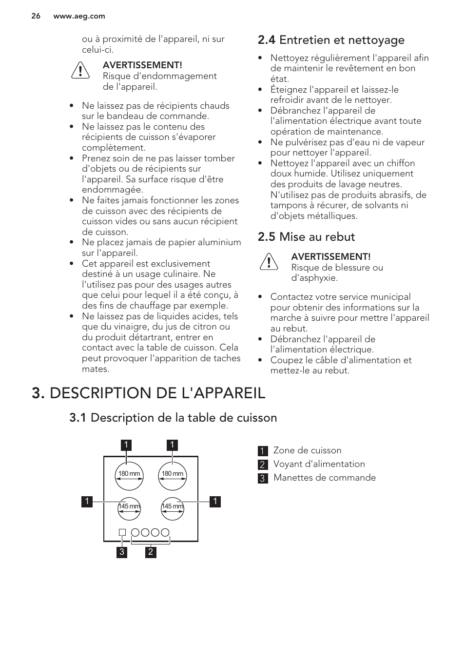 4 entretien et nettoyage, 5 mise au rebut, Description de l'appareil | 1 description de la table de cuisson | AEG HK312000H User Manual | Page 26 / 44