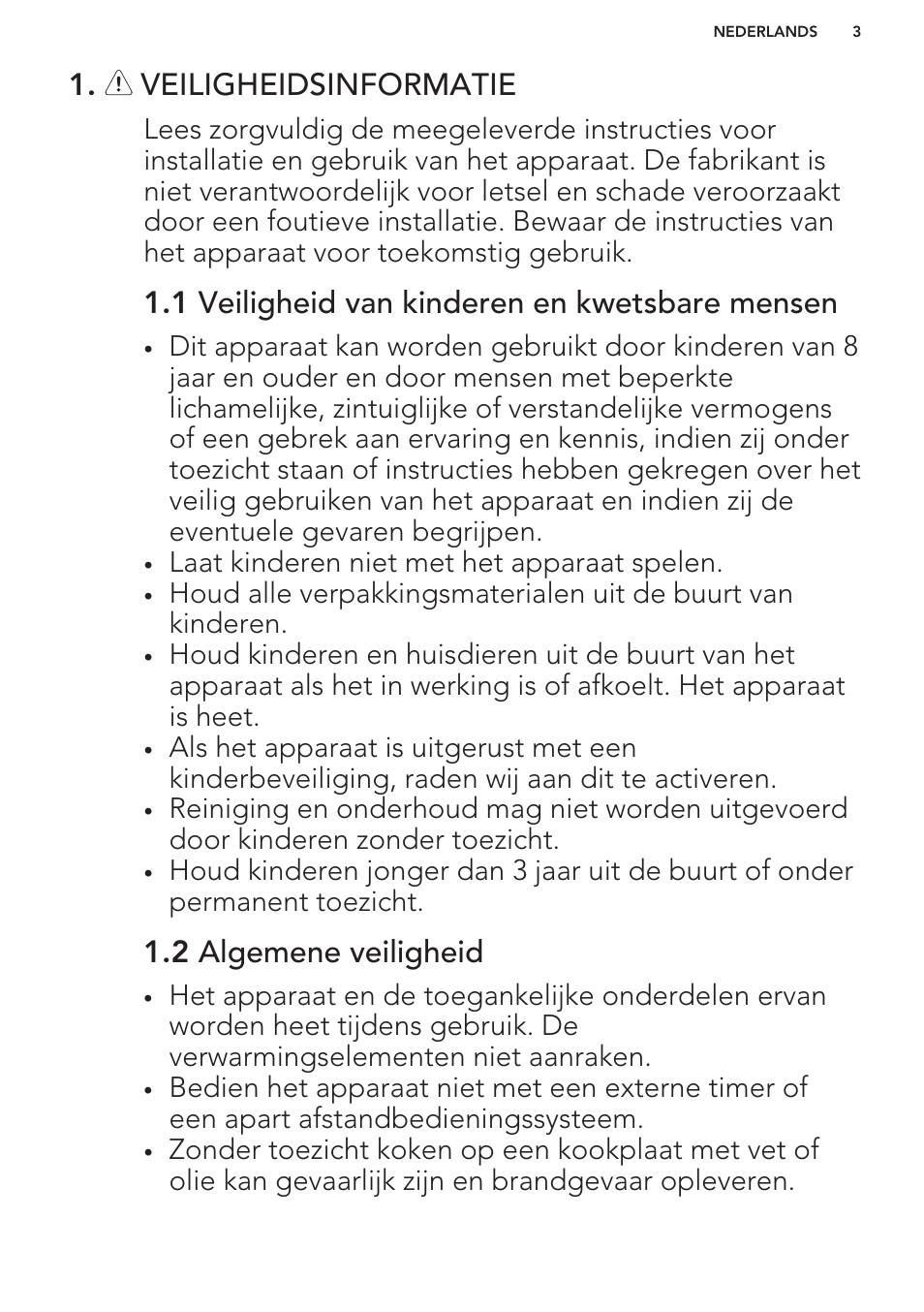 Veiligheidsinformatie, 1 veiligheid van kinderen en kwetsbare mensen, 2 algemene veiligheid | AEG HK312000H User Manual | Page 3 / 44