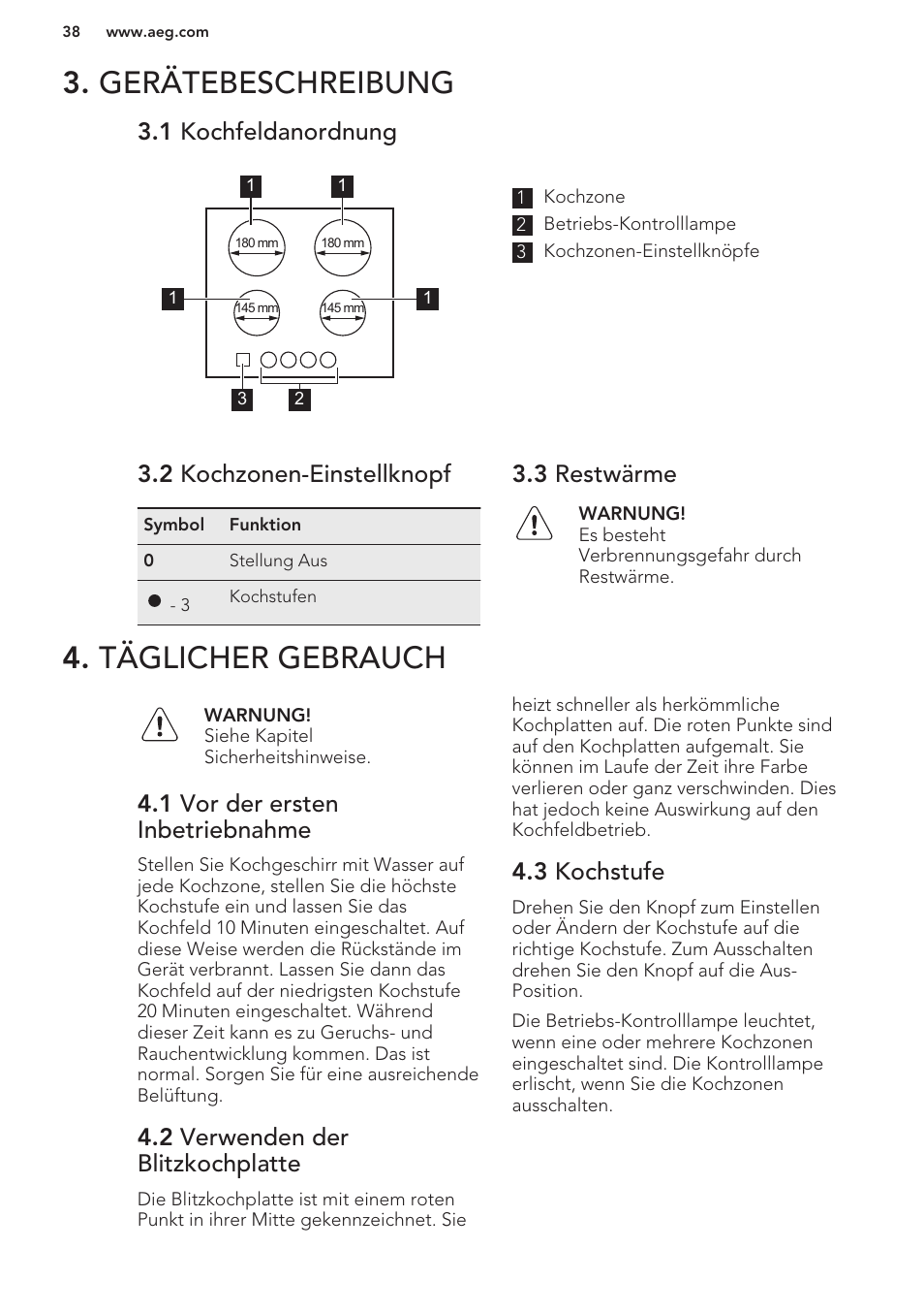 Gerätebeschreibung, 1 kochfeldanordnung, 2 kochzonen-einstellknopf | 3 restwärme, Täglicher gebrauch, 1 vor der ersten inbetriebnahme, 2 verwenden der blitzkochplatte, 3 kochstufe, Gerätebeschreibung 4. täglicher gebrauch | AEG HK312000H User Manual | Page 38 / 44
