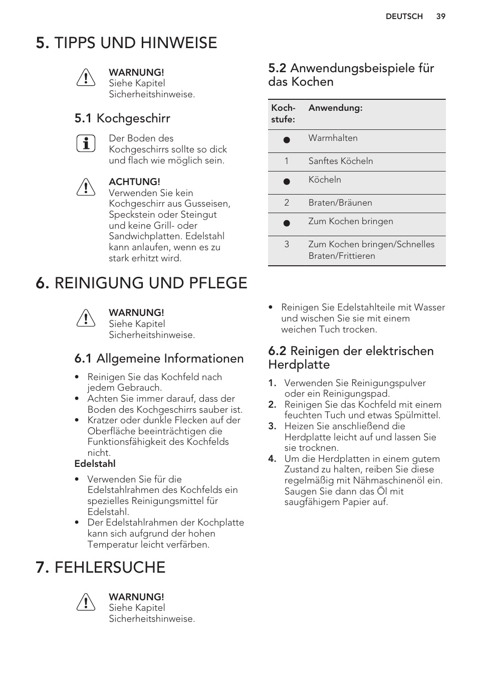 Tipps und hinweise, 1 kochgeschirr, 2 anwendungsbeispiele für das kochen | Reinigung und pflege, 1 allgemeine informationen, 2 reinigen der elektrischen herdplatte, Fehlersuche | AEG HK312000H User Manual | Page 39 / 44
