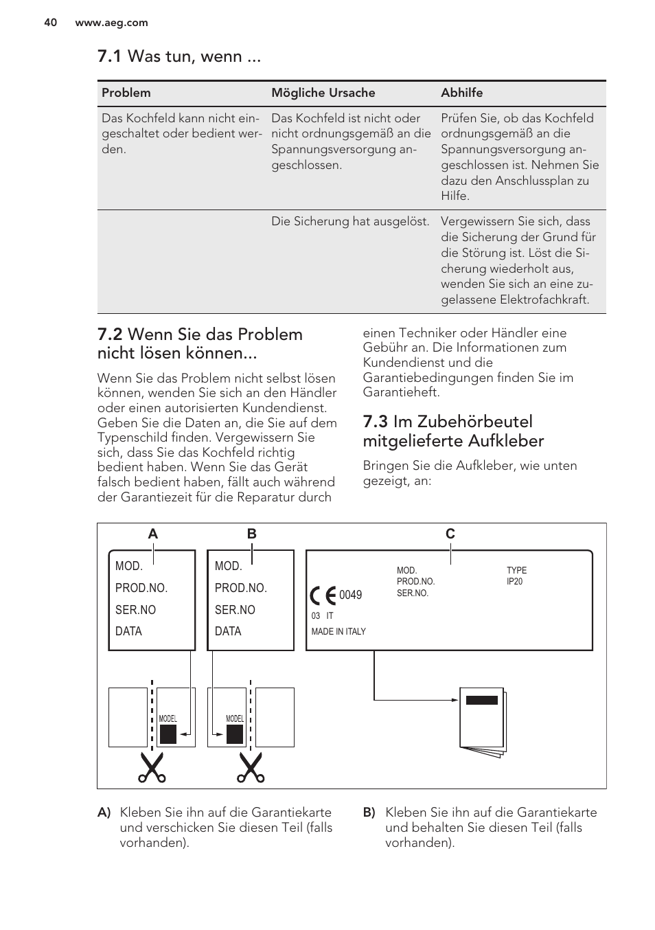 1 was tun, wenn, 2 wenn sie das problem nicht lösen können, 3 im zubehörbeutel mitgelieferte aufkleber | AEG HK312000H User Manual | Page 40 / 44