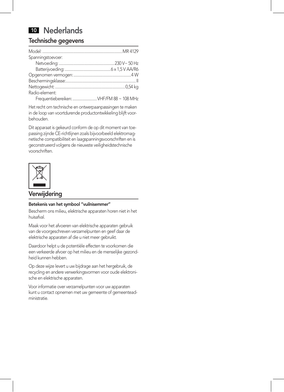 Nederlands | AEG MR 4129 User Manual | Page 10 / 38