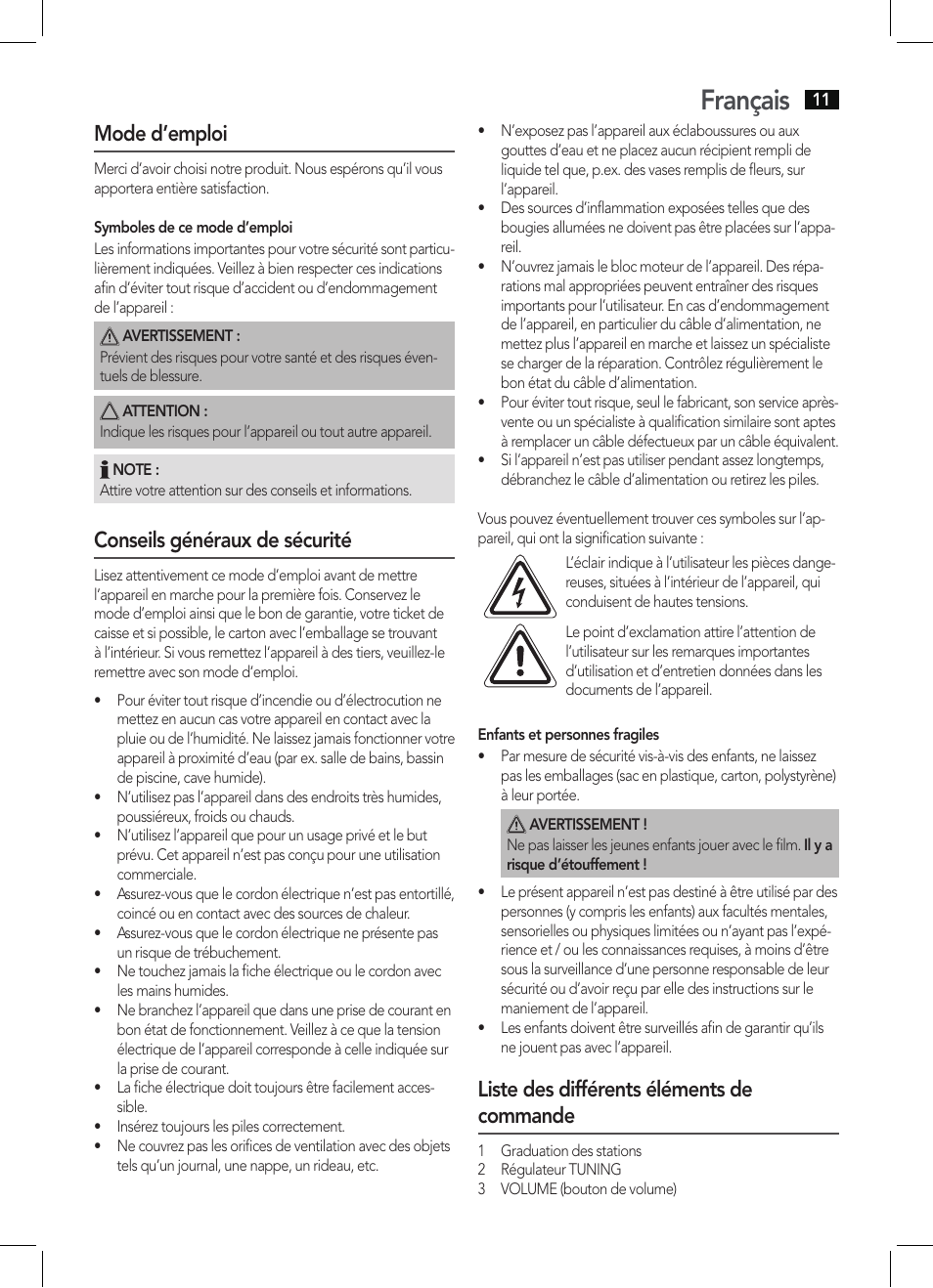 Français, Mode d’emploi, Conseils généraux de sécurité | Liste des différents éléments de commande | AEG MR 4129 User Manual | Page 11 / 38