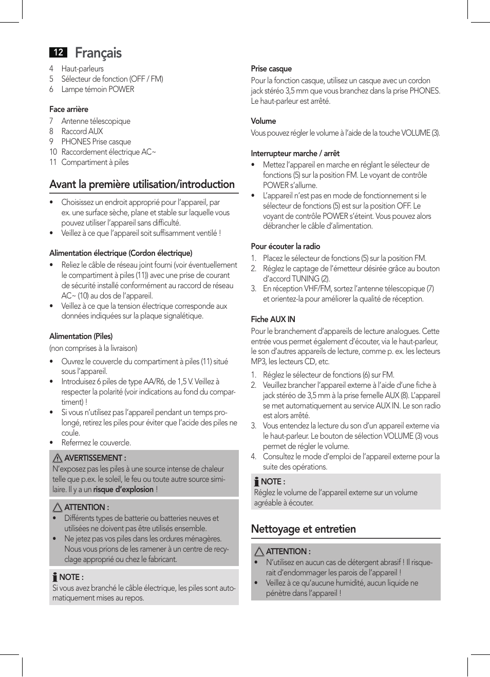 Français, Avant la première utilisation/introduction, Nettoyage et entretien | AEG MR 4129 User Manual | Page 12 / 38