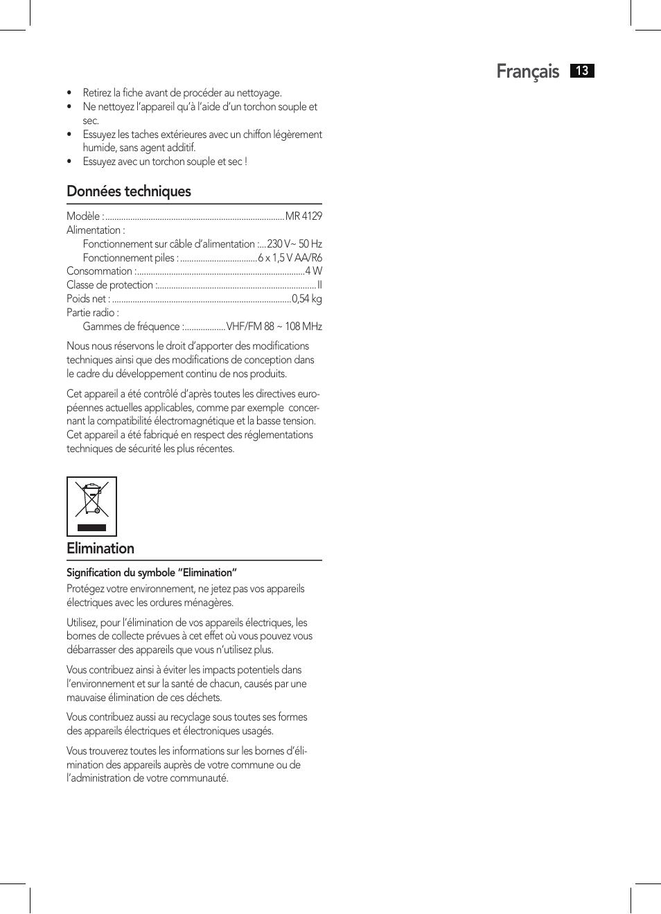 Français, Données techniques, Elimination | AEG MR 4129 User Manual | Page 13 / 38