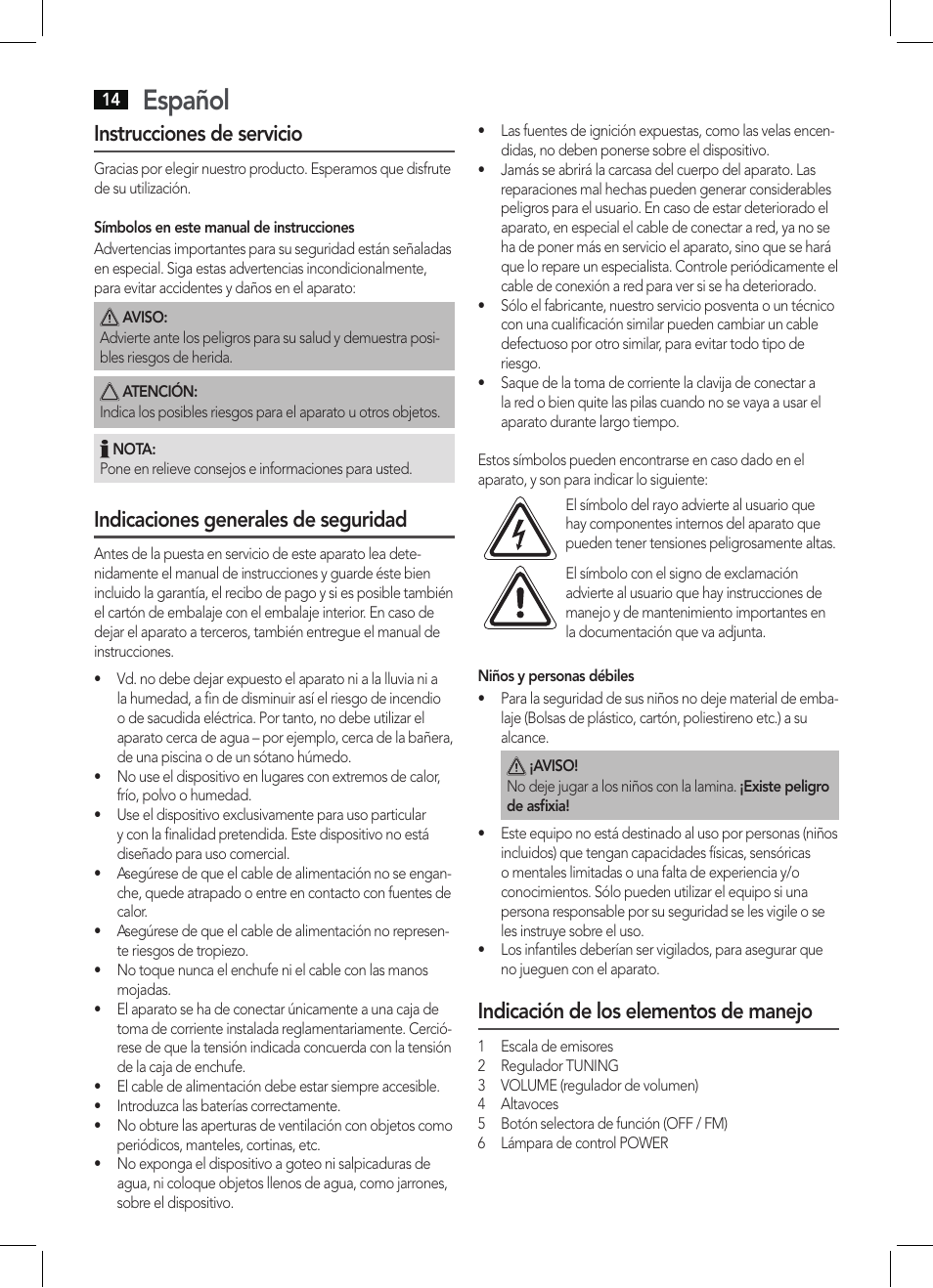 Español, Instrucciones de servicio, Indicaciones generales de seguridad | Indicación de los elementos de manejo | AEG MR 4129 User Manual | Page 14 / 38