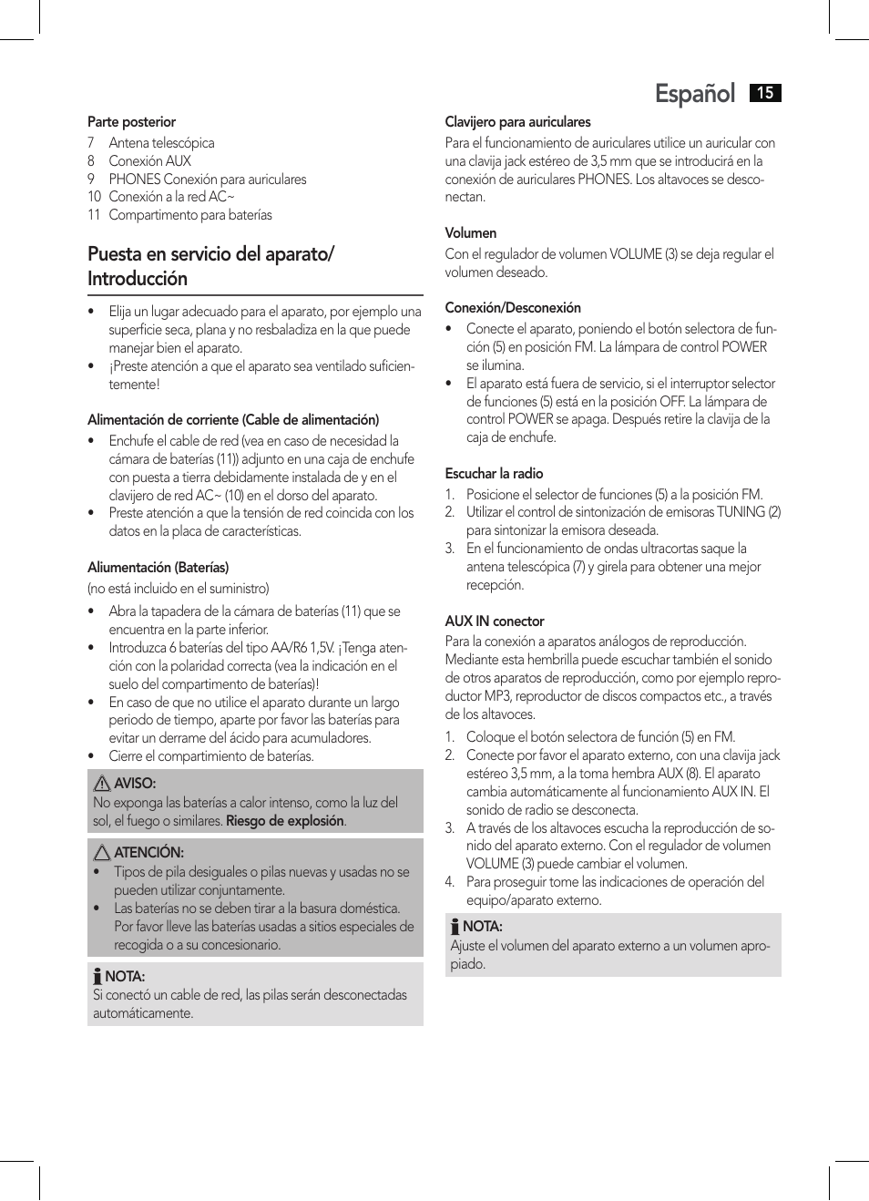 Español, Puesta en servicio del aparato/ introducción | AEG MR 4129 User Manual | Page 15 / 38