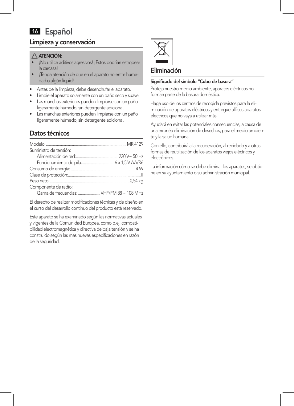 Español, Limpieza y conservación, Datos técnicos | Eliminación | AEG MR 4129 User Manual | Page 16 / 38