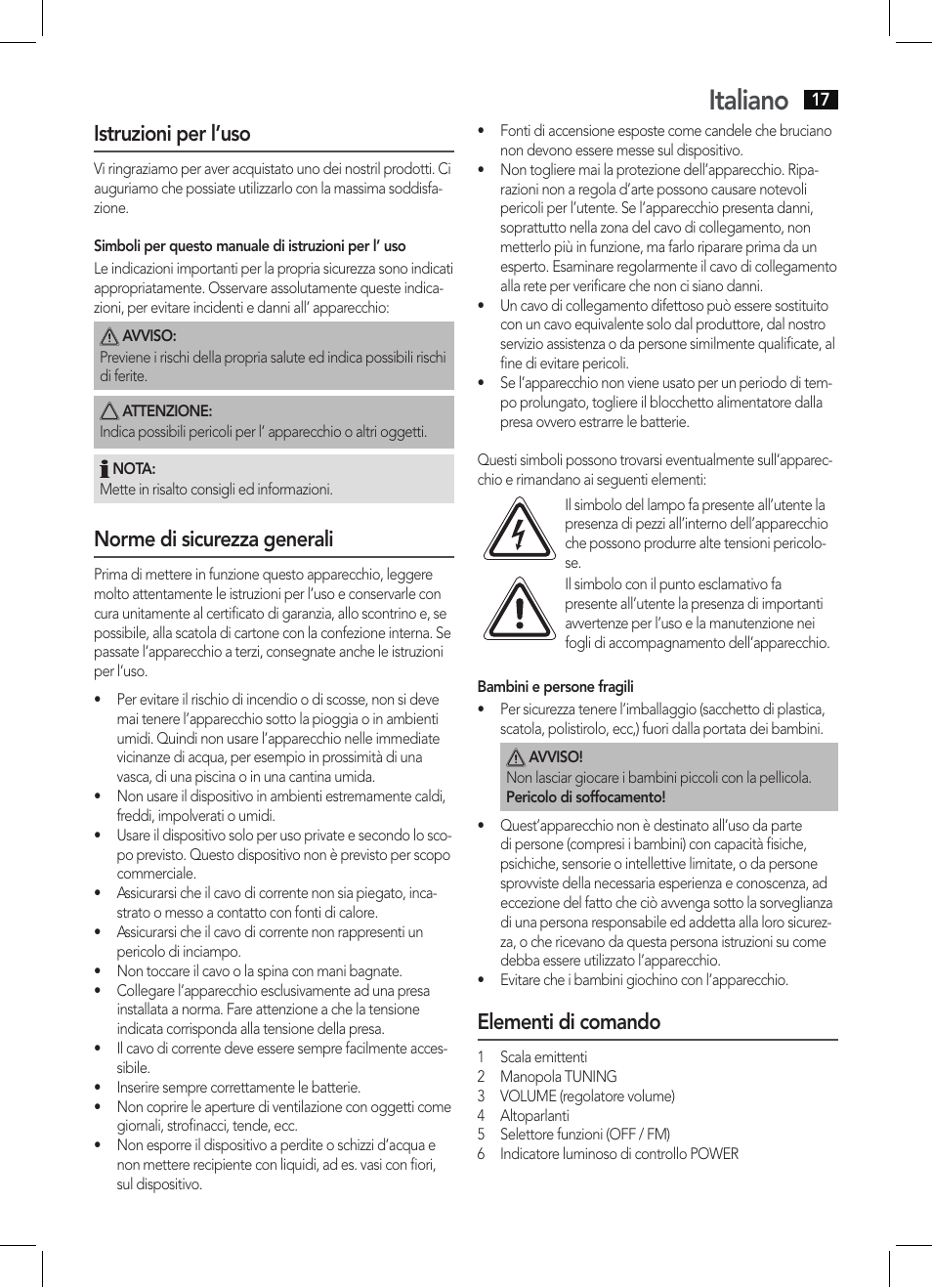 Italiano, Istruzioni per l’uso, Norme di sicurezza generali | Elementi di comando | AEG MR 4129 User Manual | Page 17 / 38