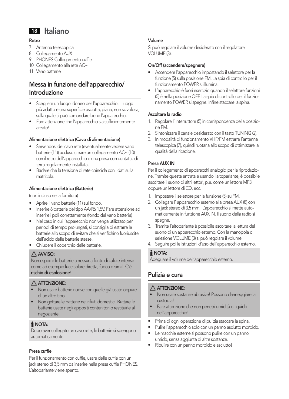 Italiano, Messa in funzione dell’apparecchio/ introduzione, Pulizia e cura | AEG MR 4129 User Manual | Page 18 / 38