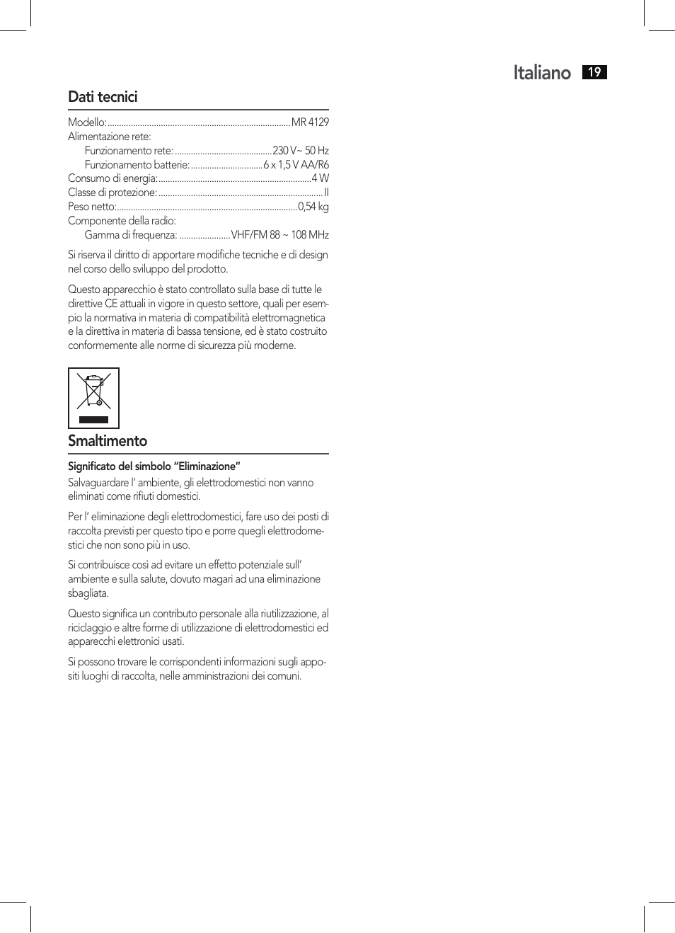 Italiano | AEG MR 4129 User Manual | Page 19 / 38