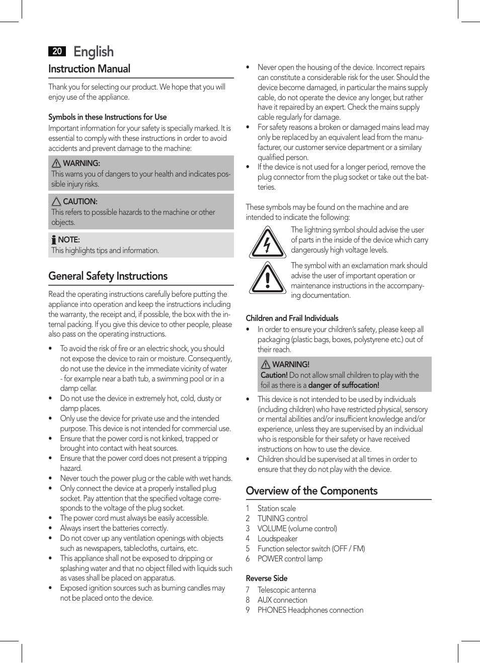 English, Instruction manual, General safety instructions | Overview of the components | AEG MR 4129 User Manual | Page 20 / 38