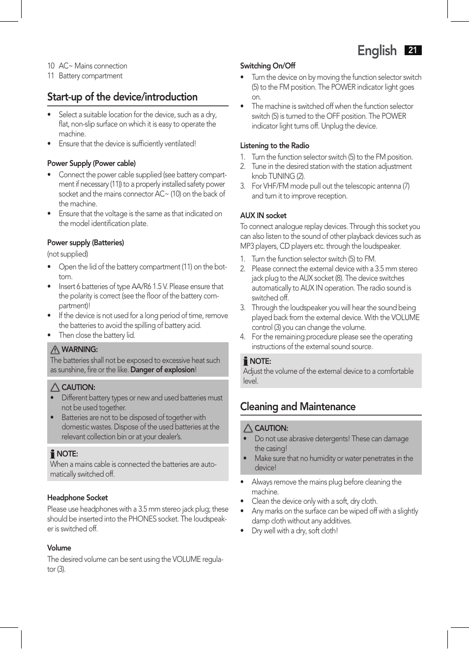 English, Start-up of the device/introduction, Cleaning and maintenance | AEG MR 4129 User Manual | Page 21 / 38