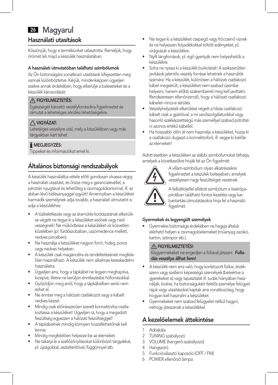 Magyarul, Használati utasítások, Általános biztonsági rendszabályok | A kezelőelemek áttekintése | AEG MR 4129 User Manual | Page 26 / 38