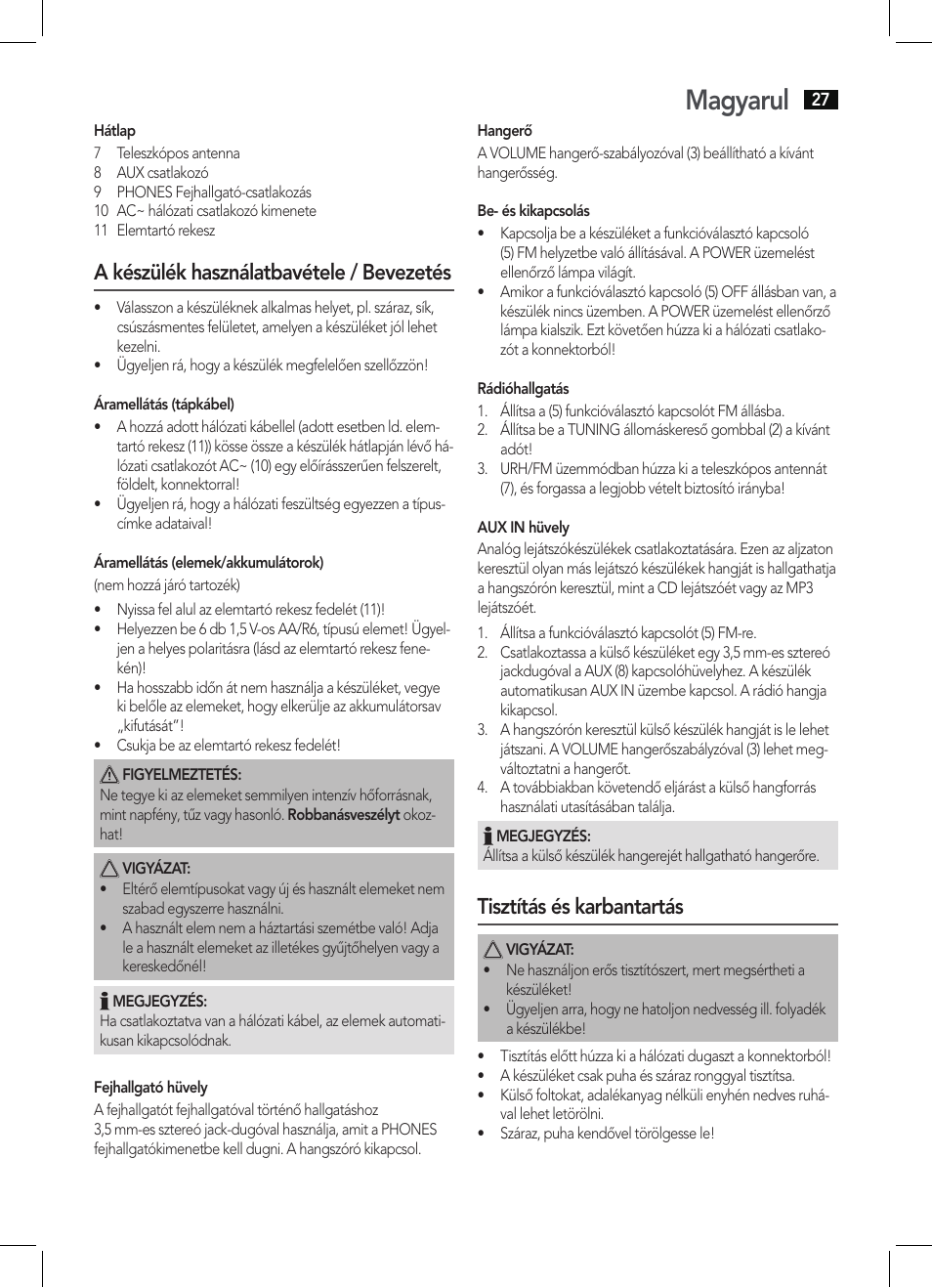 Magyarul, A készülék használatbavétele / bevezetés, Tisztítás és karbantartás | AEG MR 4129 User Manual | Page 27 / 38