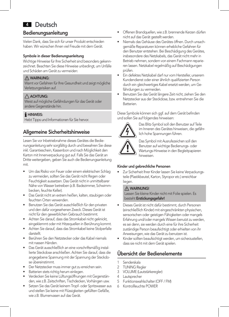 Deutsch, Bedienungsanleitung, Allgemeine sicherheitshinweise | Übersicht der bedienelemente | AEG MR 4129 User Manual | Page 4 / 38