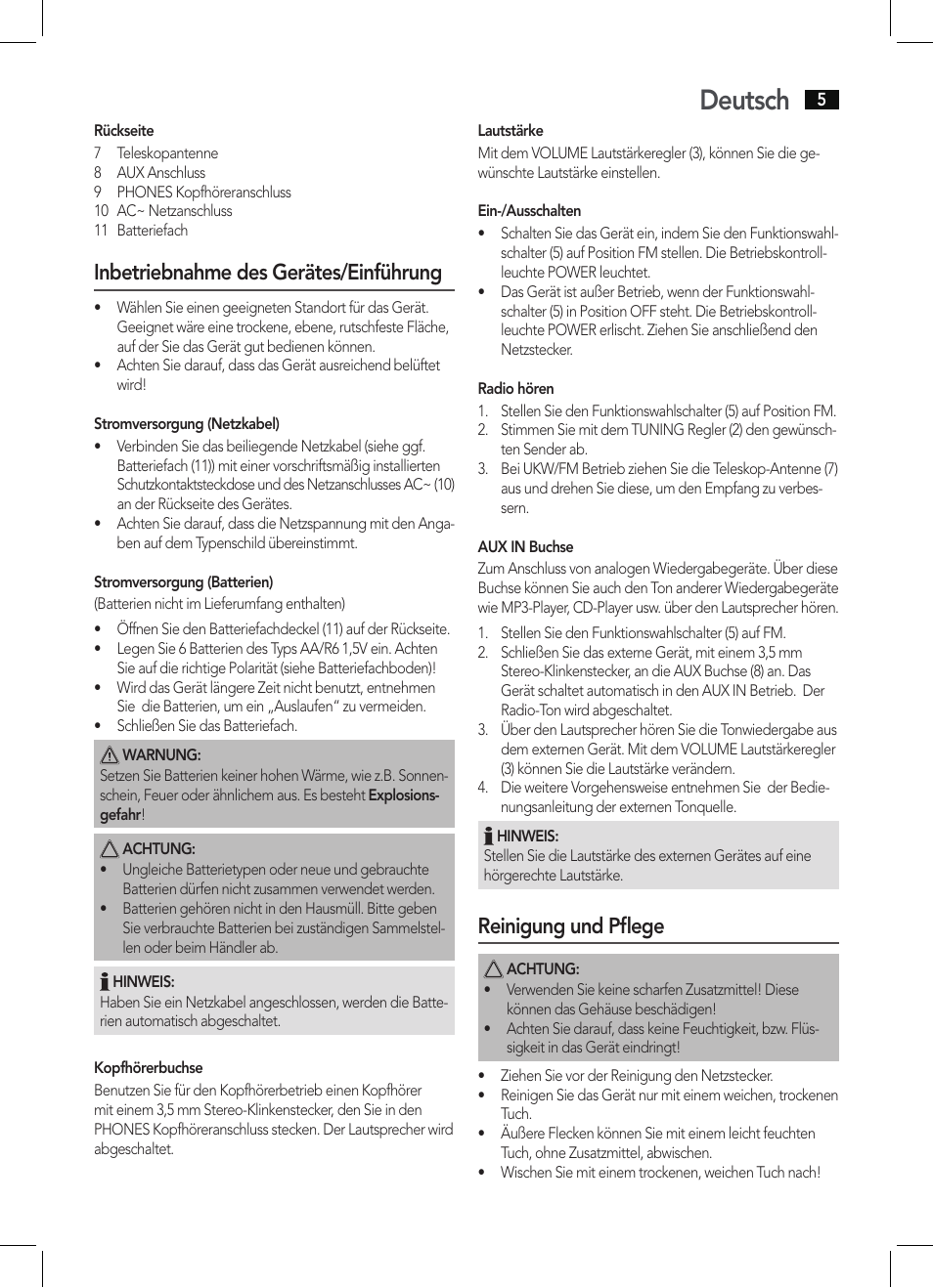 Deutsch, Inbetriebnahme des gerätes/einführung, Reinigung und pflege | AEG MR 4129 User Manual | Page 5 / 38