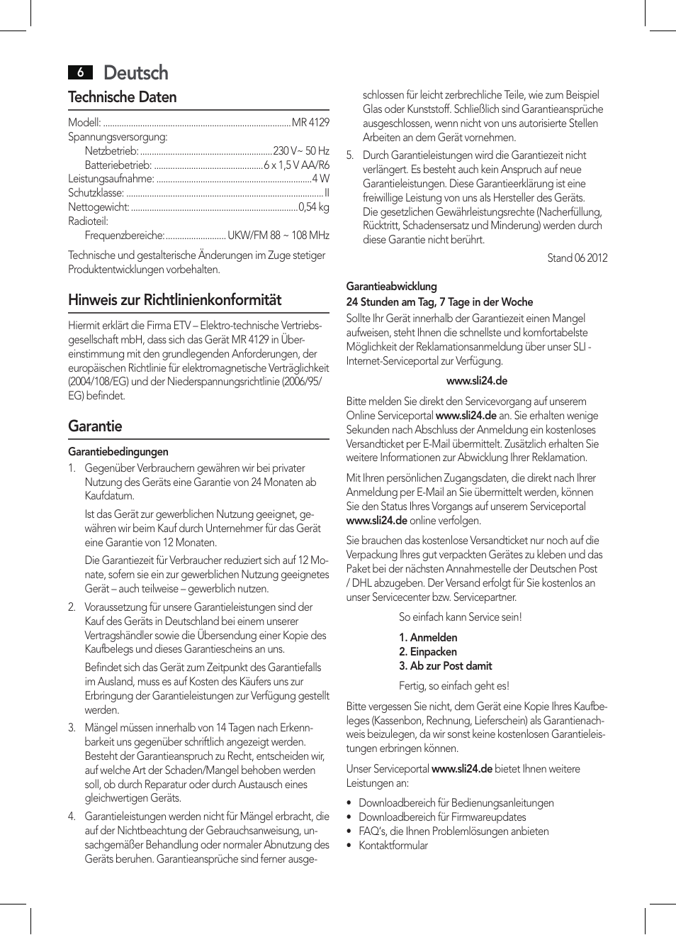 Deutsch, Technische daten, Hinweis zur richtlinienkonformität | Garantie | AEG MR 4129 User Manual | Page 6 / 38