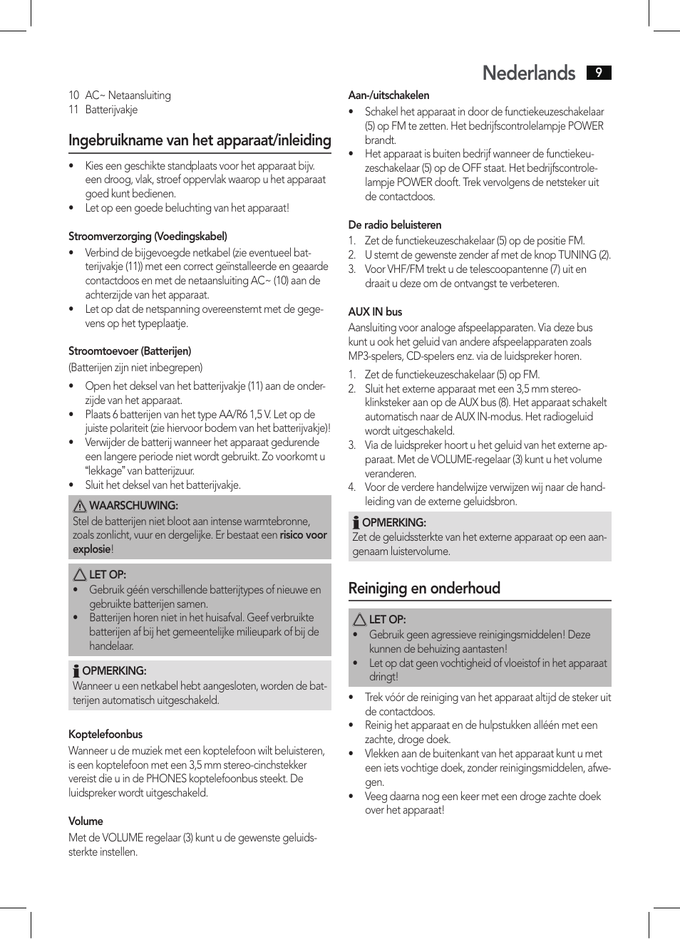Nederlands, Ingebruikname van het apparaat/inleiding, Reiniging en onderhoud | AEG MR 4129 User Manual | Page 9 / 38