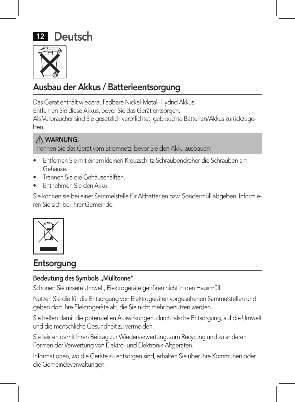 Deutsch, Ausbau der akkus / batterieentsorgung, Entsorgung | AEG HR 5655 User Manual | Page 12 / 82