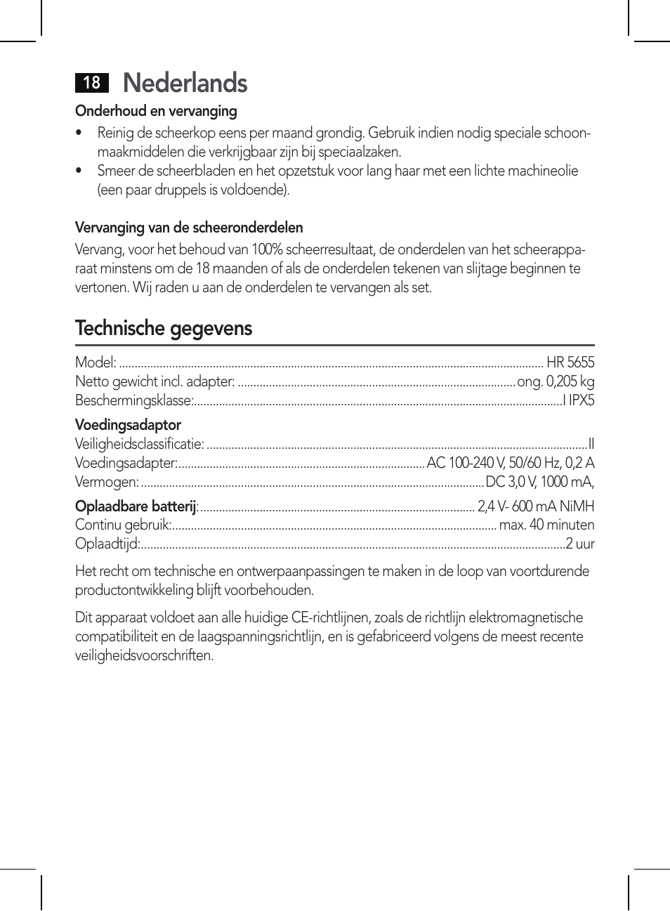 Nederlands, Technische gegevens | AEG HR 5655 User Manual | Page 18 / 82