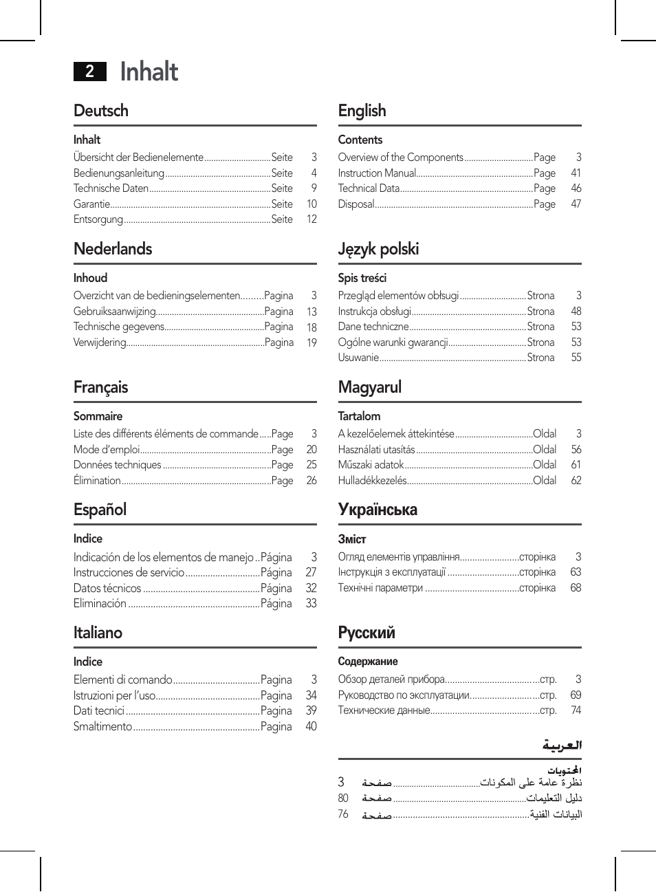 Inhalt, Deutsch, Nederlands | Français, Español, Italiano, English, Język polski, Magyarul, Українська | AEG HR 5655 User Manual | Page 2 / 82