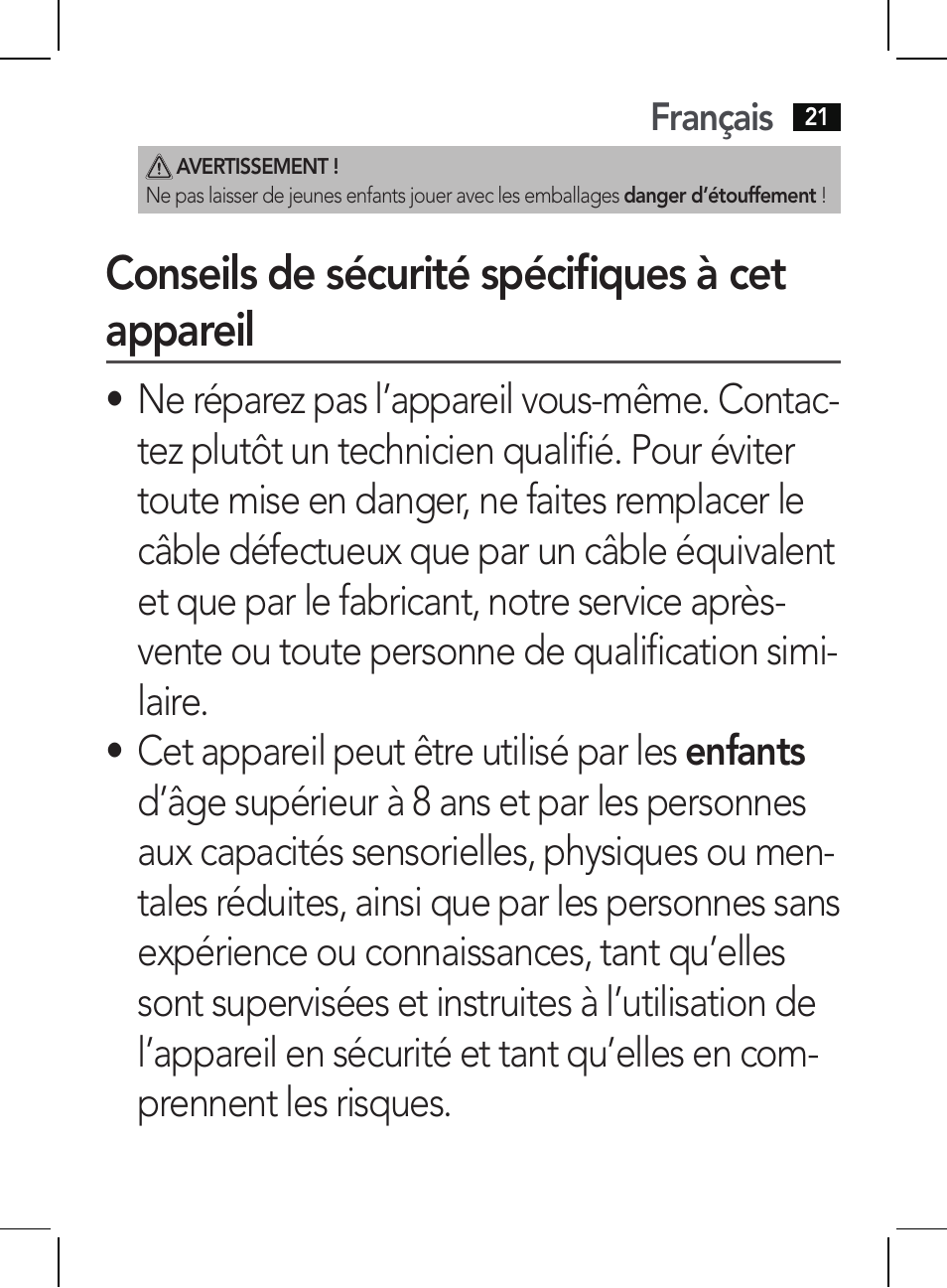 Conseils de sécurité spécifiques à cet appareil, Français | AEG HR 5655 User Manual | Page 21 / 82