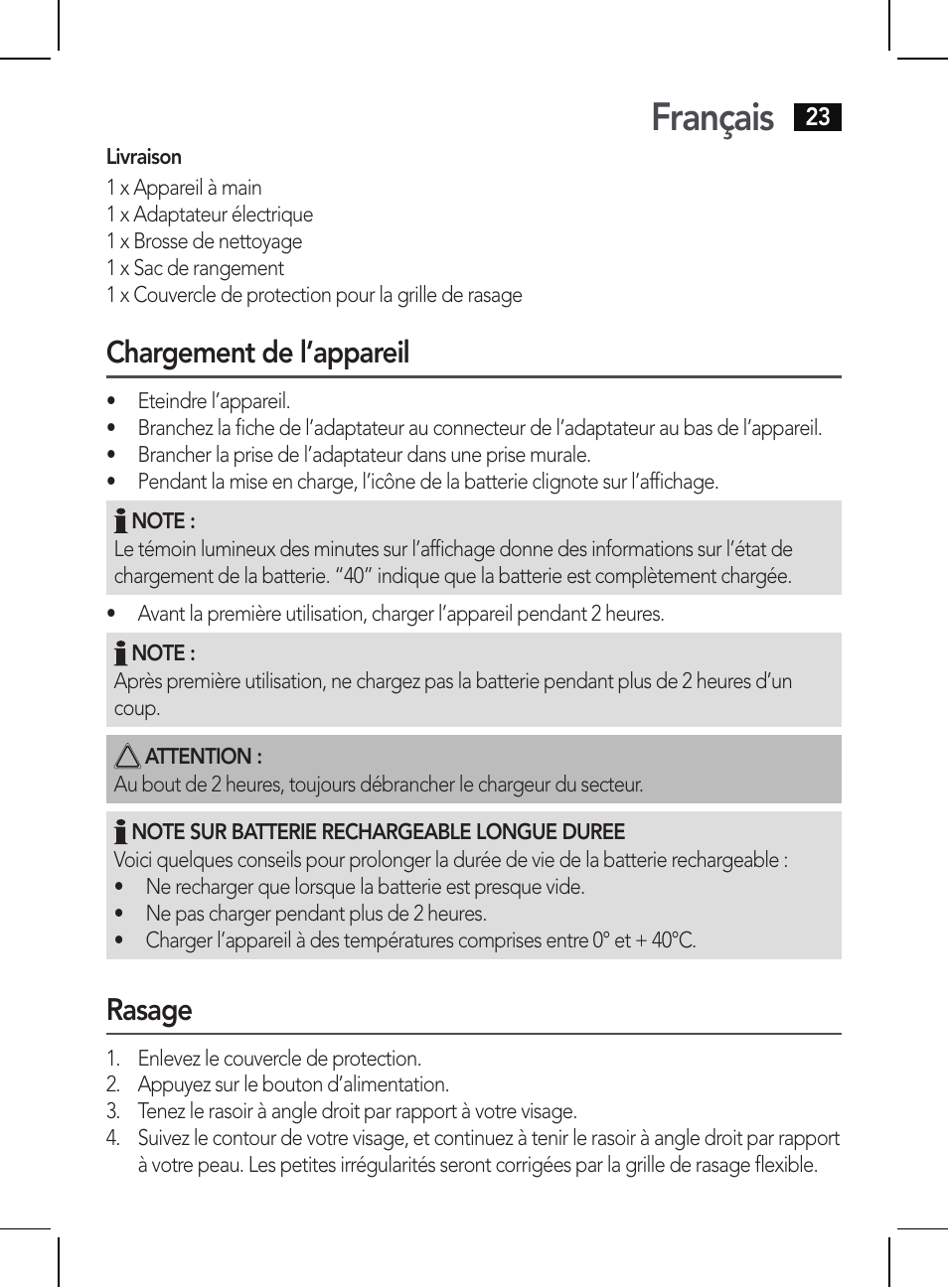 Français, Chargement de l’appareil, Rasage | AEG HR 5655 User Manual | Page 23 / 82