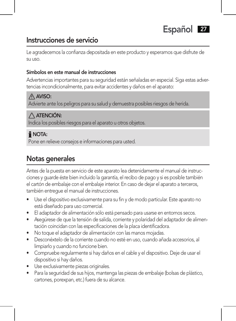 Español, Instrucciones de servicio, Notas generales | AEG HR 5655 User Manual | Page 27 / 82