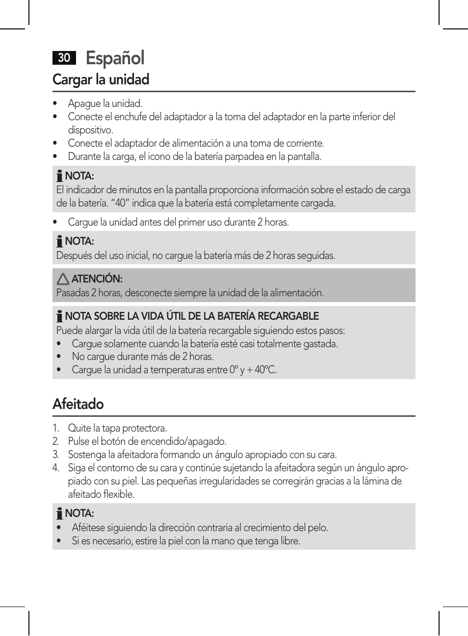 Español, Cargar la unidad, Afeitado | AEG HR 5655 User Manual | Page 30 / 82