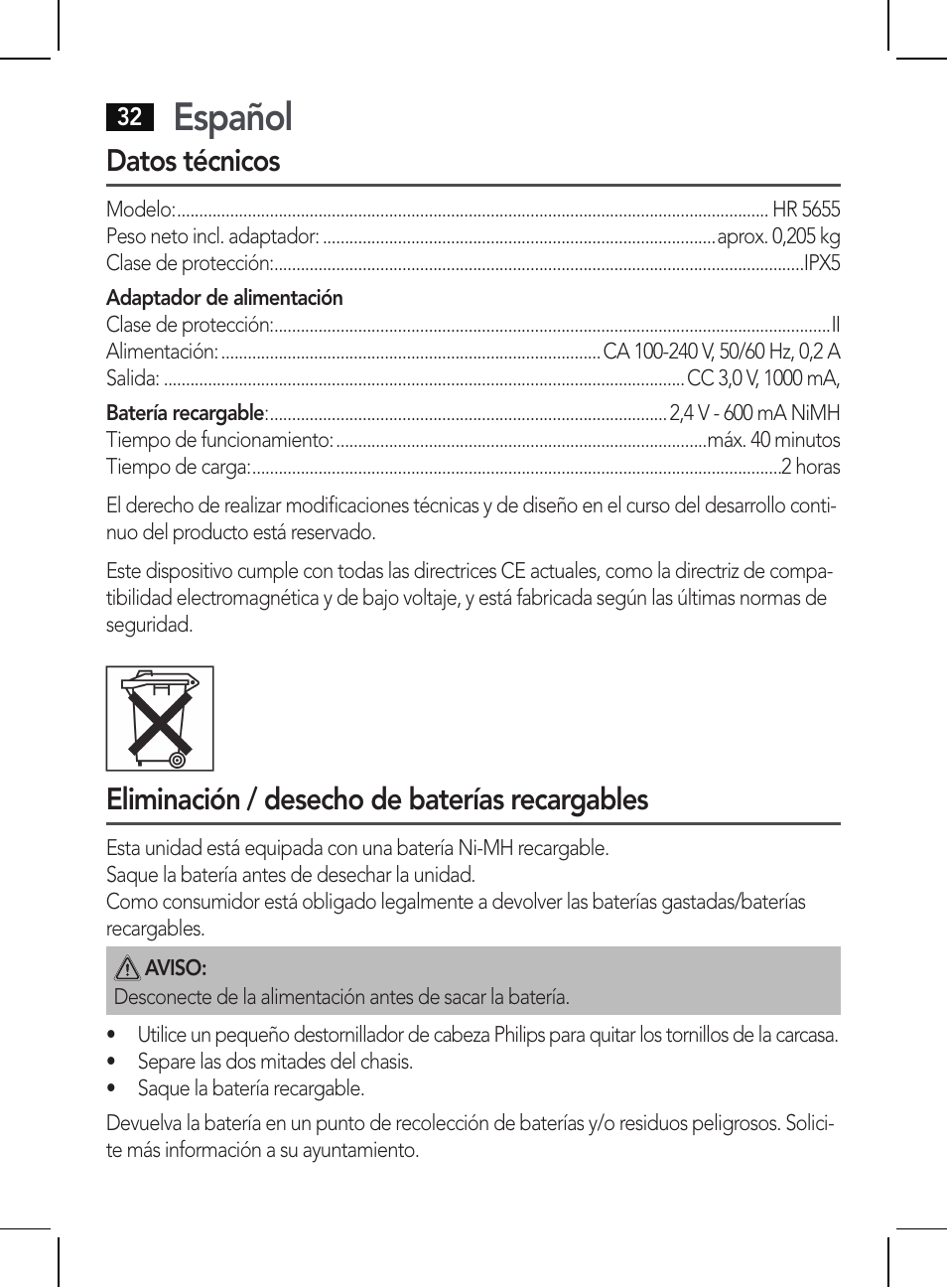 Español, Datos técnicos, Eliminación / desecho de baterías recargables | AEG HR 5655 User Manual | Page 32 / 82