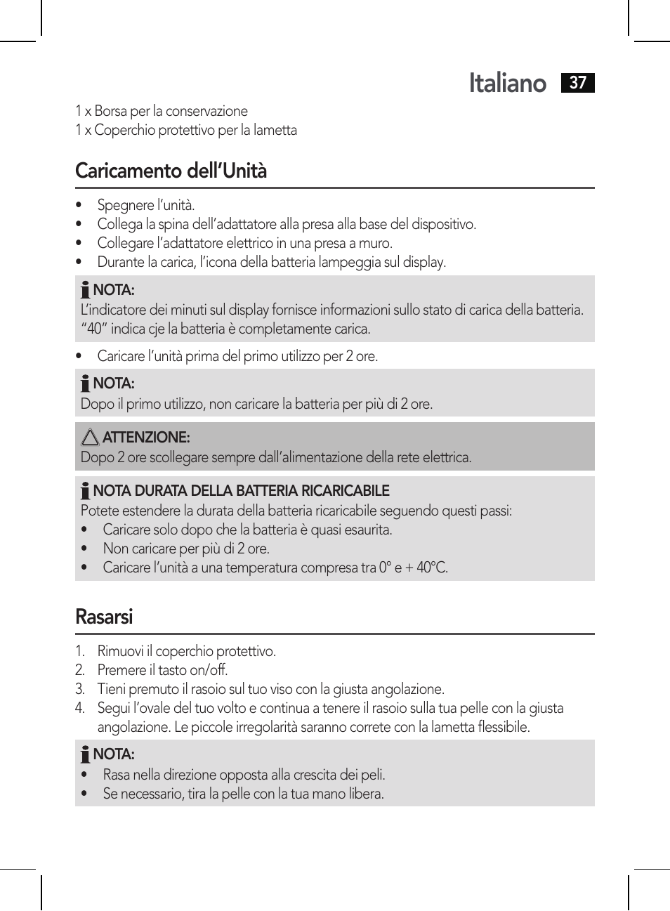 Italiano, Caricamento dell’unità, Rasarsi | AEG HR 5655 User Manual | Page 37 / 82