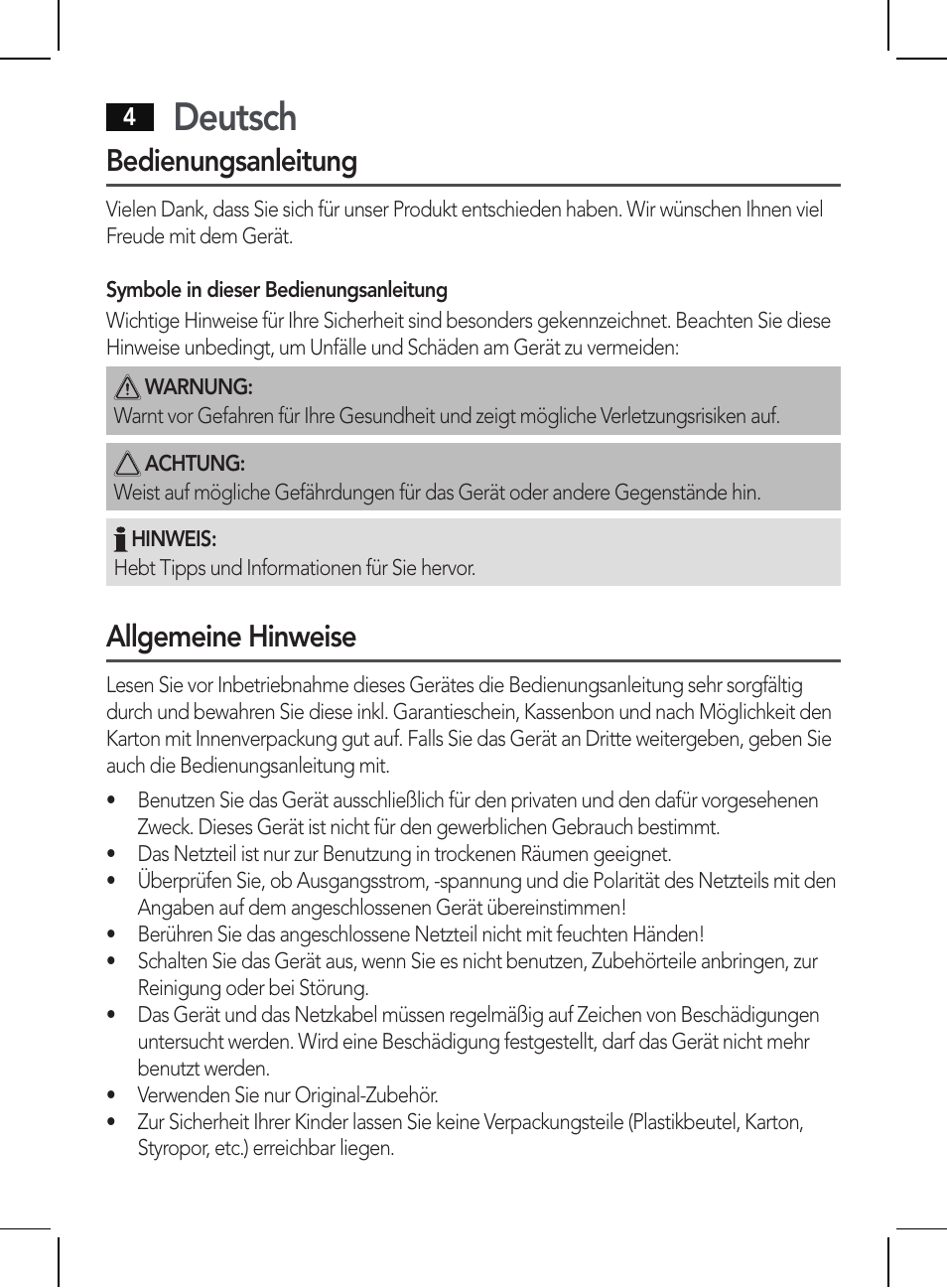 Deutsch, Bedienungsanleitung, Allgemeine hinweise | AEG HR 5655 User Manual | Page 4 / 82