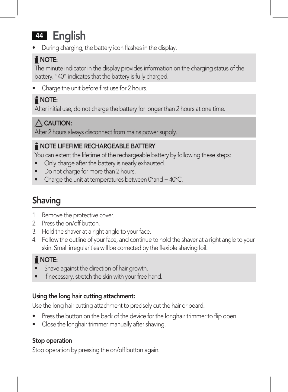 English, Shaving | AEG HR 5655 User Manual | Page 44 / 82