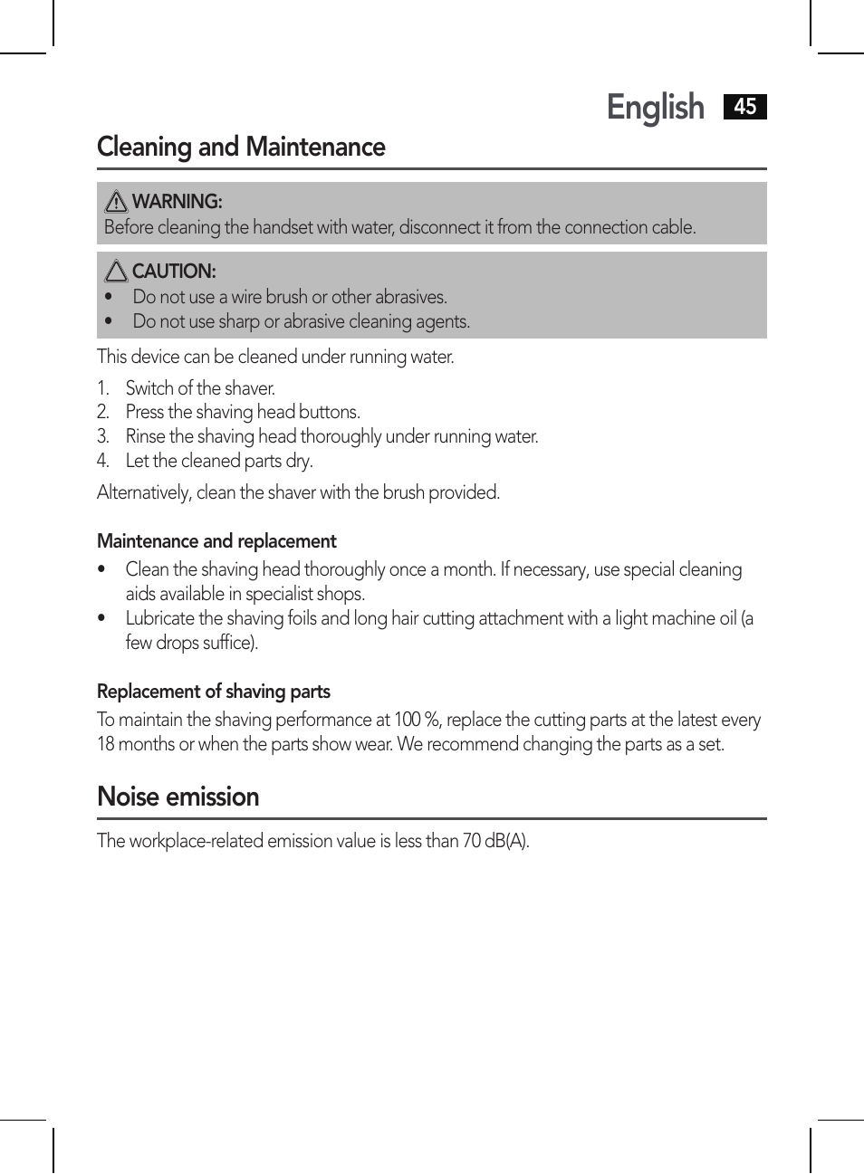 English, Cleaning and maintenance, Noise emission | AEG HR 5655 User Manual | Page 45 / 82