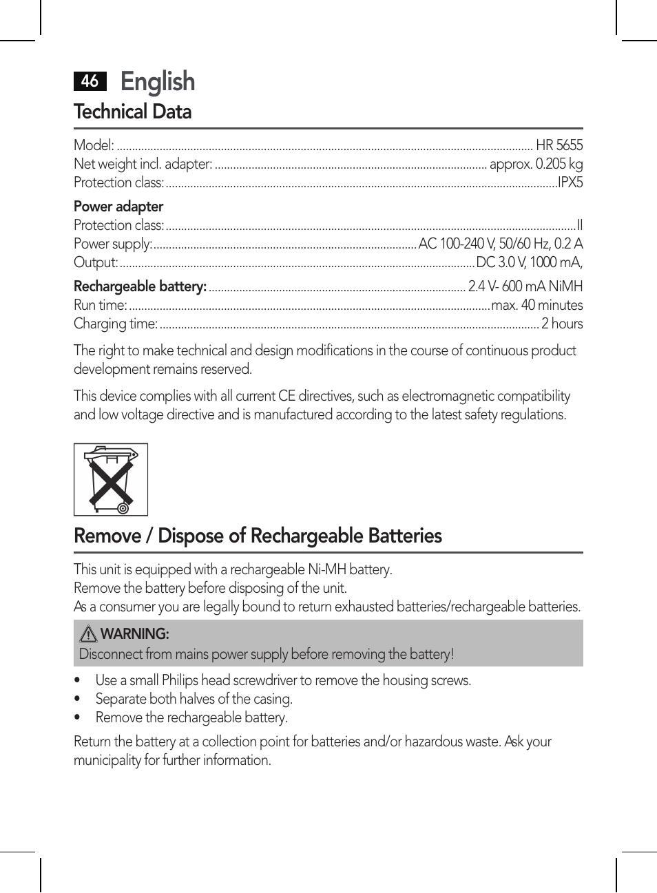 English, Technical data, Remove / dispose of rechargeable batteries | AEG HR 5655 User Manual | Page 46 / 82