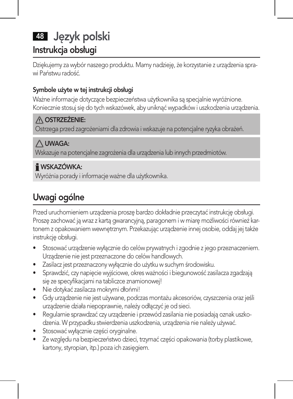 Język polski, Instrukcja obsługi, Uwagi ogólne | AEG HR 5655 User Manual | Page 48 / 82