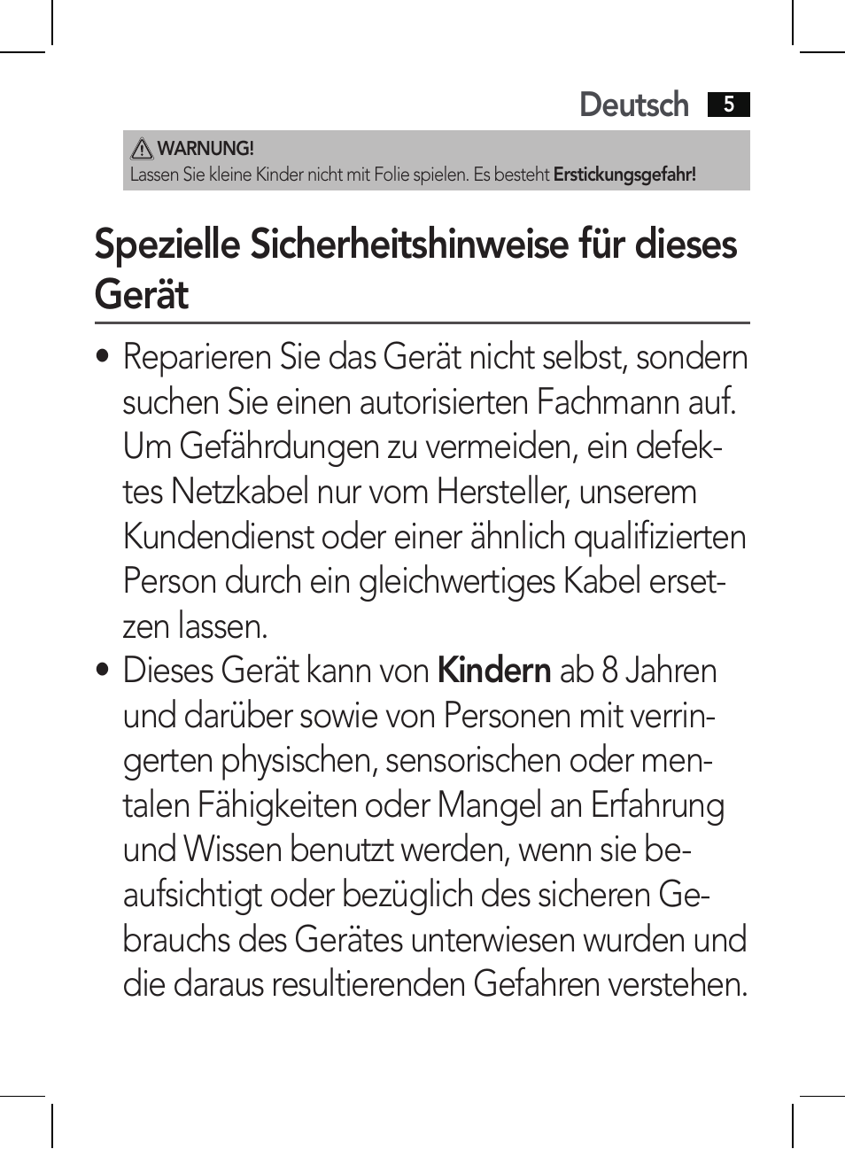 Spezielle sicherheitshinweise für dieses gerät, Deutsch | AEG HR 5655 User Manual | Page 5 / 82