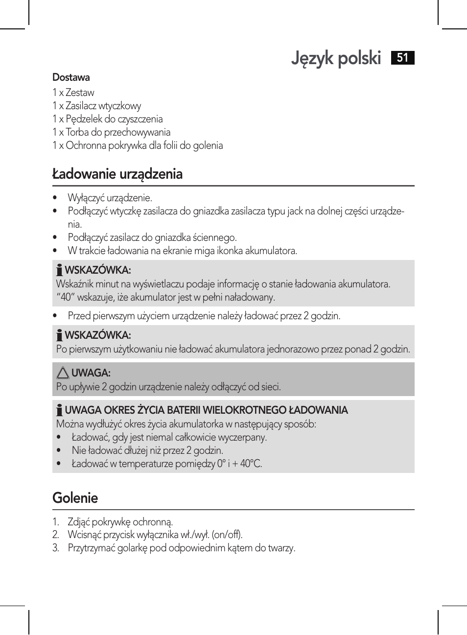 Język polski, Ładowanie urządzenia, Golenie | AEG HR 5655 User Manual | Page 51 / 82
