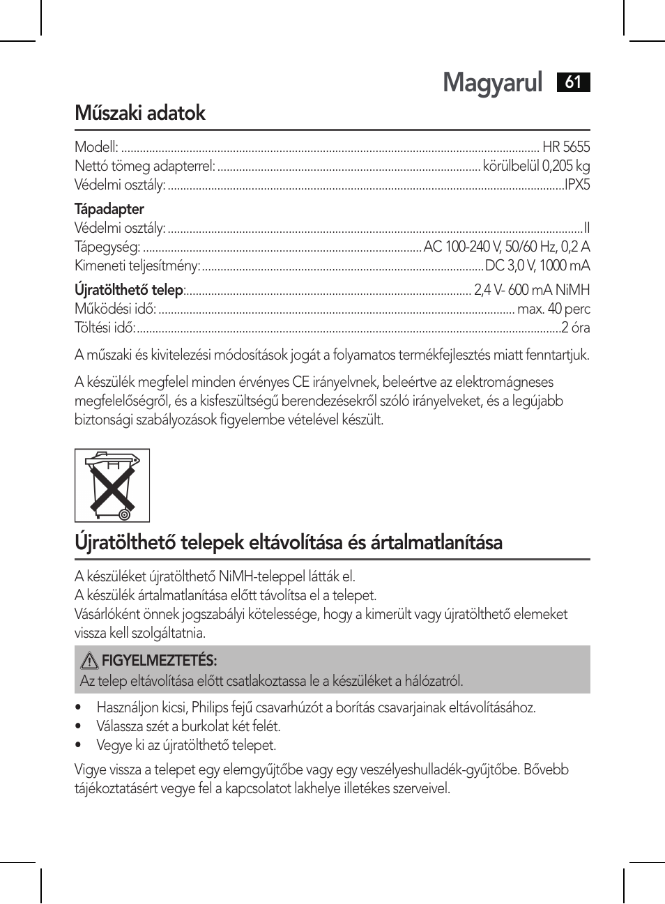 Magyarul, Műszaki adatok | AEG HR 5655 User Manual | Page 61 / 82