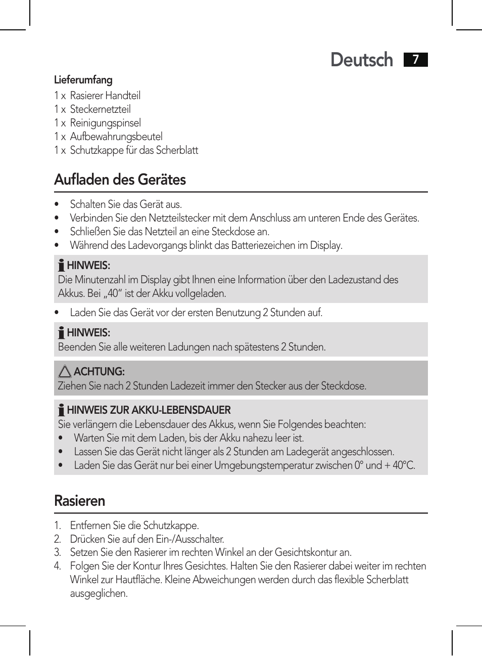 Deutsch, Aufladen des gerätes, Rasieren | AEG HR 5655 User Manual | Page 7 / 82