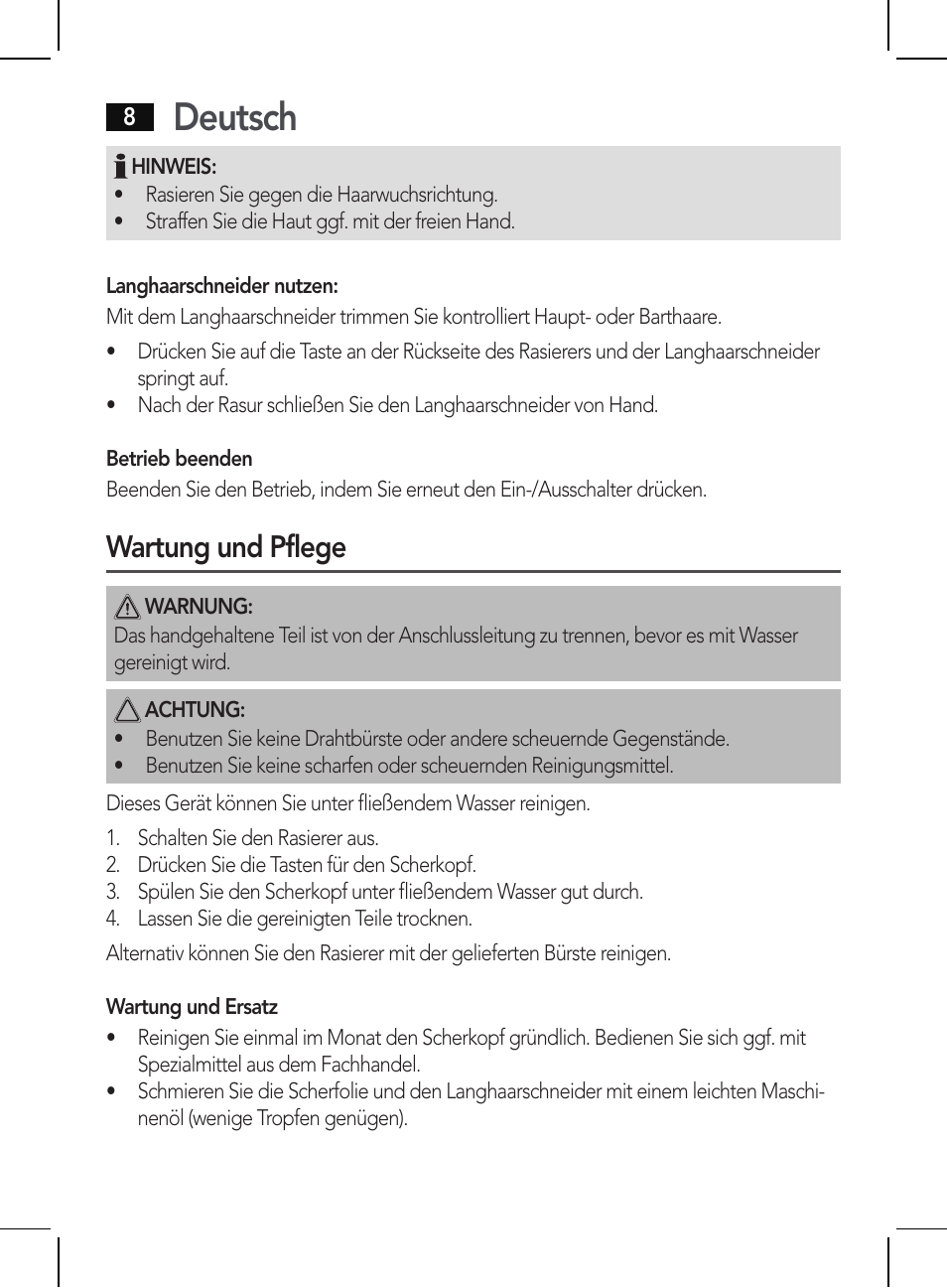 Deutsch, Wartung und pflege | AEG HR 5655 User Manual | Page 8 / 82