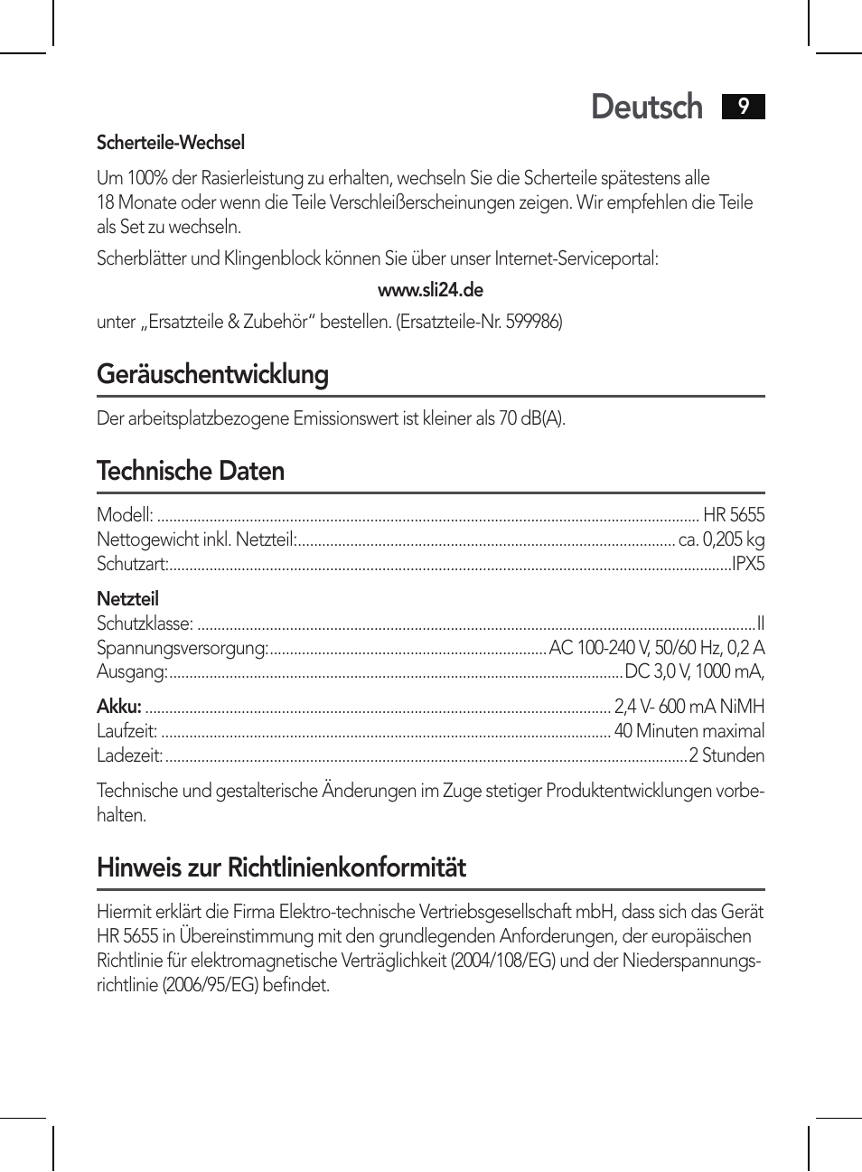 Deutsch, Geräuschentwicklung, Technische daten | Hinweis zur richtlinienkonformität | AEG HR 5655 User Manual | Page 9 / 82