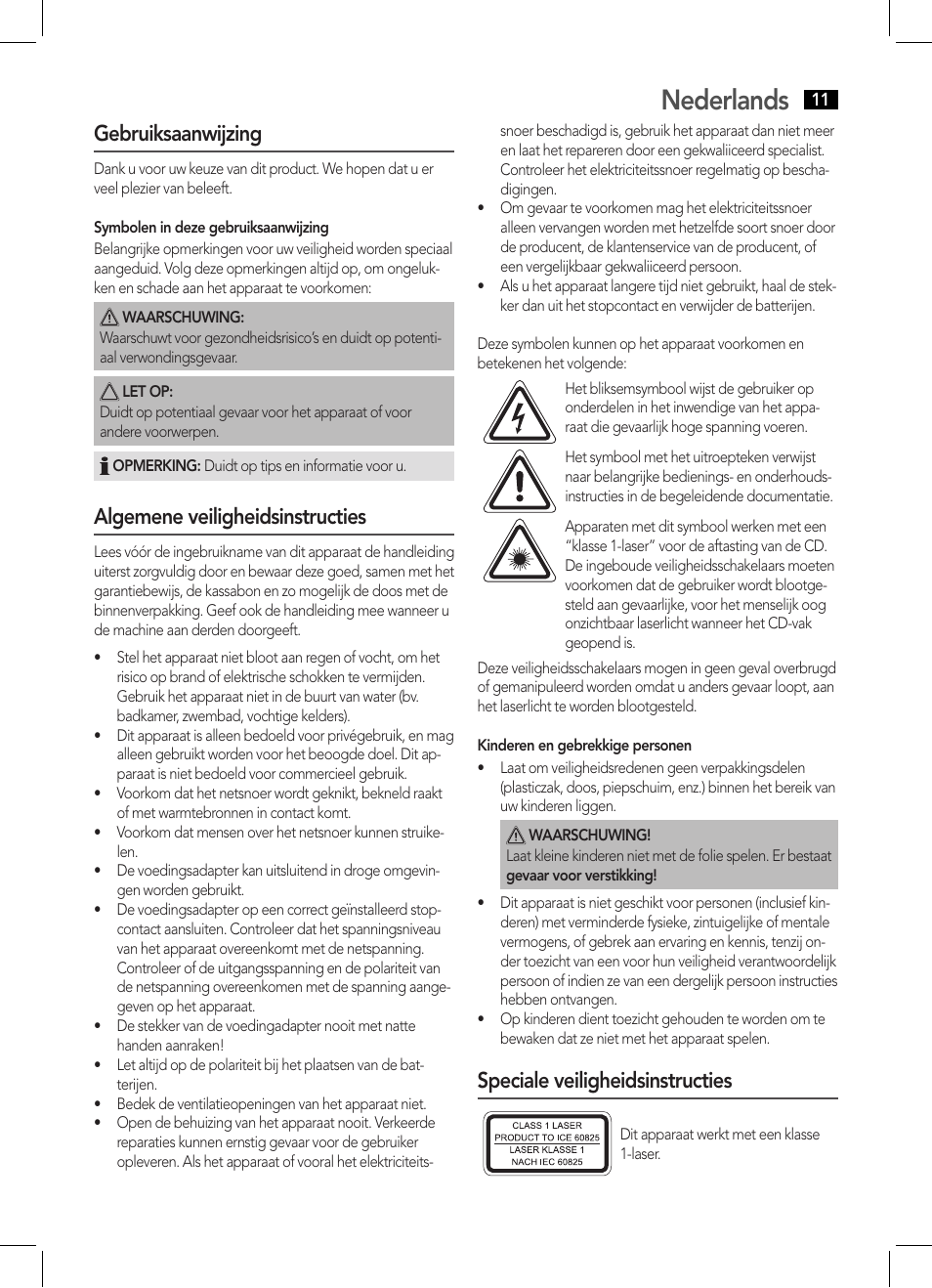 Nederlands, Gebruiksaanwijzing, Algemene veiligheidsinstructies | Speciale veiligheidsinstructies | AEG SRP 4335 CD-MP3 User Manual | Page 11 / 70